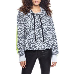 Leopard Hooded Draw String Top. Kangaroo Pockets. Chartreuse Stripes